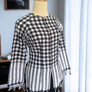 Áo Bà Ba Khăn Rằn Truyền Thống Caro Trắng Đen Sọc To Chất Cotton – Phong Cách Nam Bộ | Khăn Rằn Xưa