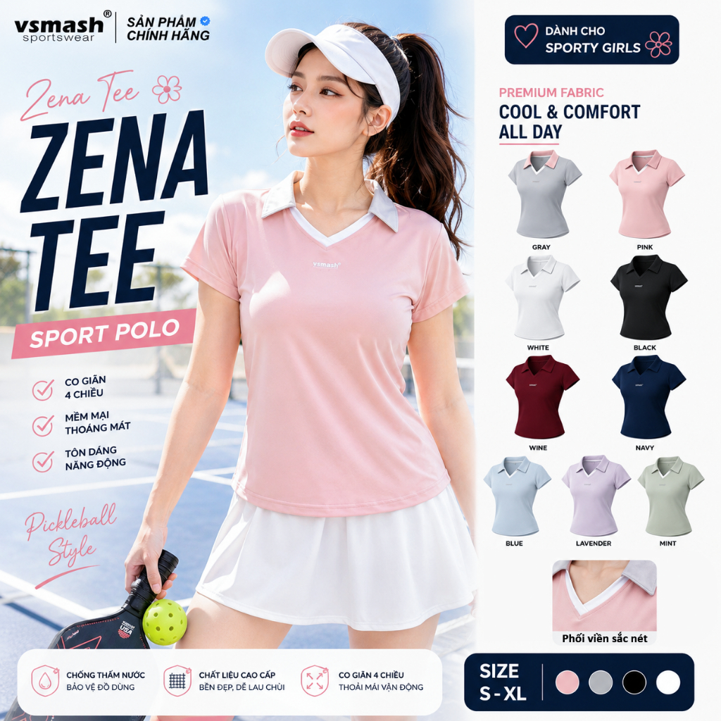 Áo Thun Thể Thao Cổ Polo ZENA Tee Vsmash Sportswear – Co Giãn Nhẹ Mát Gym Chạy Bộ Cầu Lông Yoga Tennis Pickleball