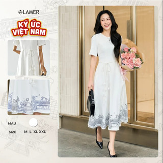 Đầm Công Sở Dáng Dài LAMER FASHION Tay Ngắn In Họa Tiết Phối Nơ Eo Thanh Lịch Sang Trọng L63L26H003