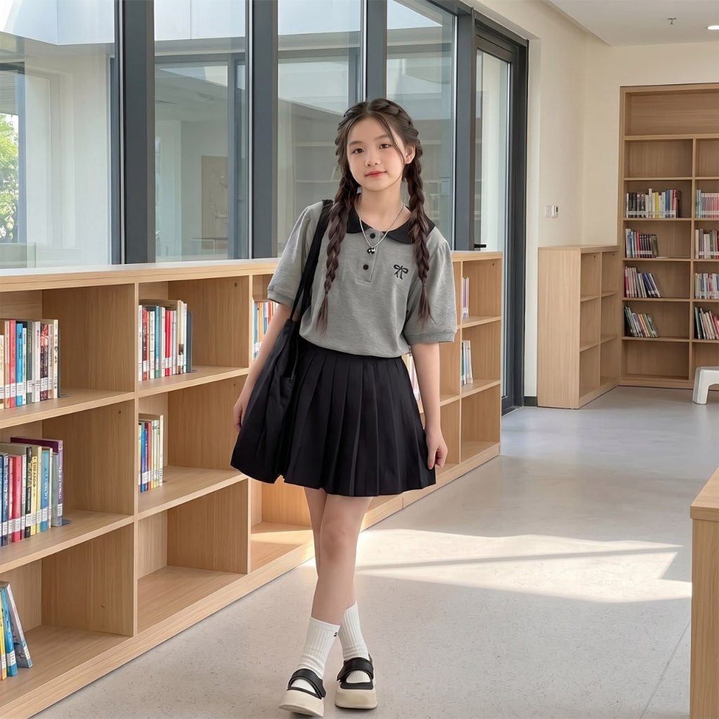 Áo polo thêu nơ, Chân váy xếp li cạp chun cho bé gái size đại BEESHOP H26082A, H26082Q