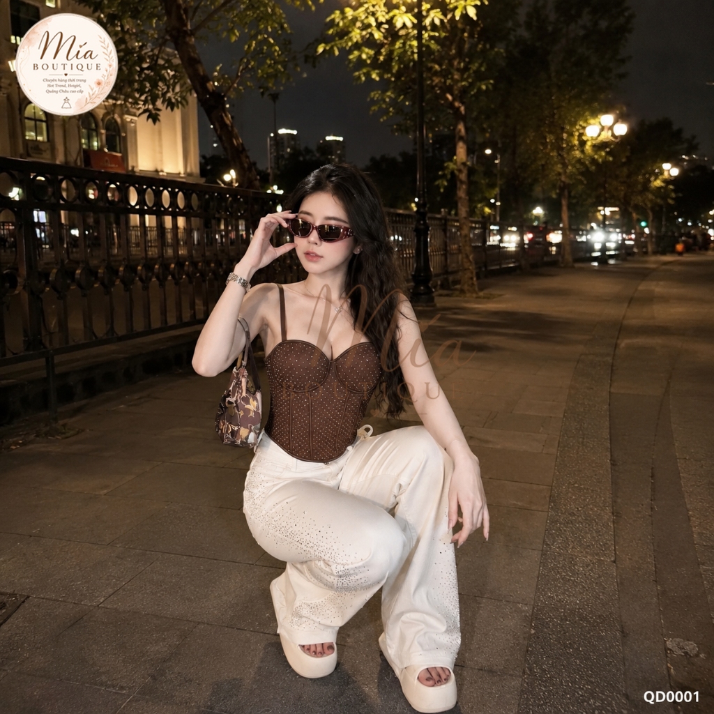Quần dài jean denim bò dáng suông đính đá sườn kèm nơ có thể tháo rời Mía QCCC QCL1 QD0001 #90591