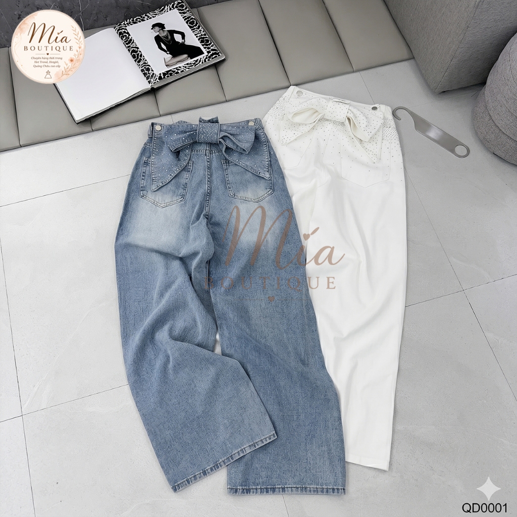 Quần dài jean denim bò dáng suông đính đá sườn kèm nơ có thể tháo rời Mía QCCC QCL1 QD0001 #90591