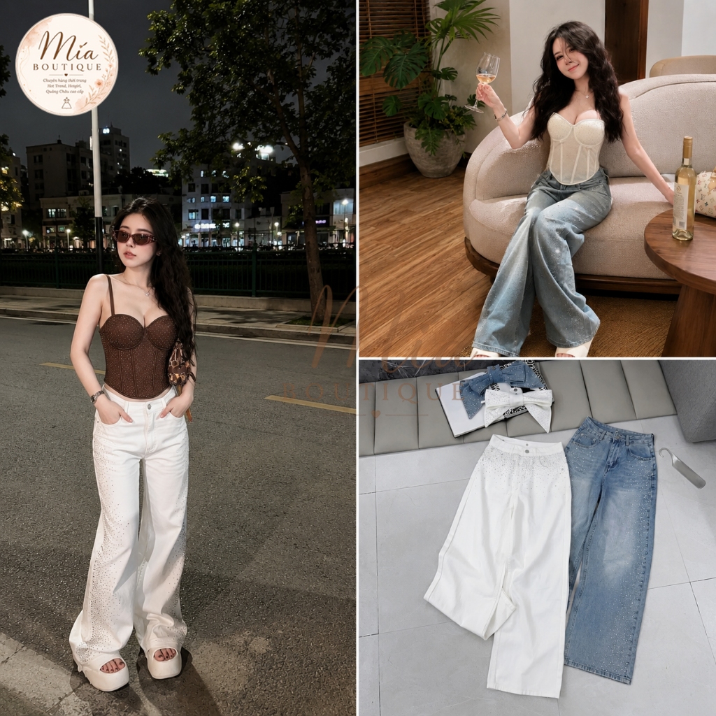 Quần dài jean denim bò dáng suông đính đá sườn kèm nơ có thể tháo rời Mía QCCC QCL1 QD0001 #90591