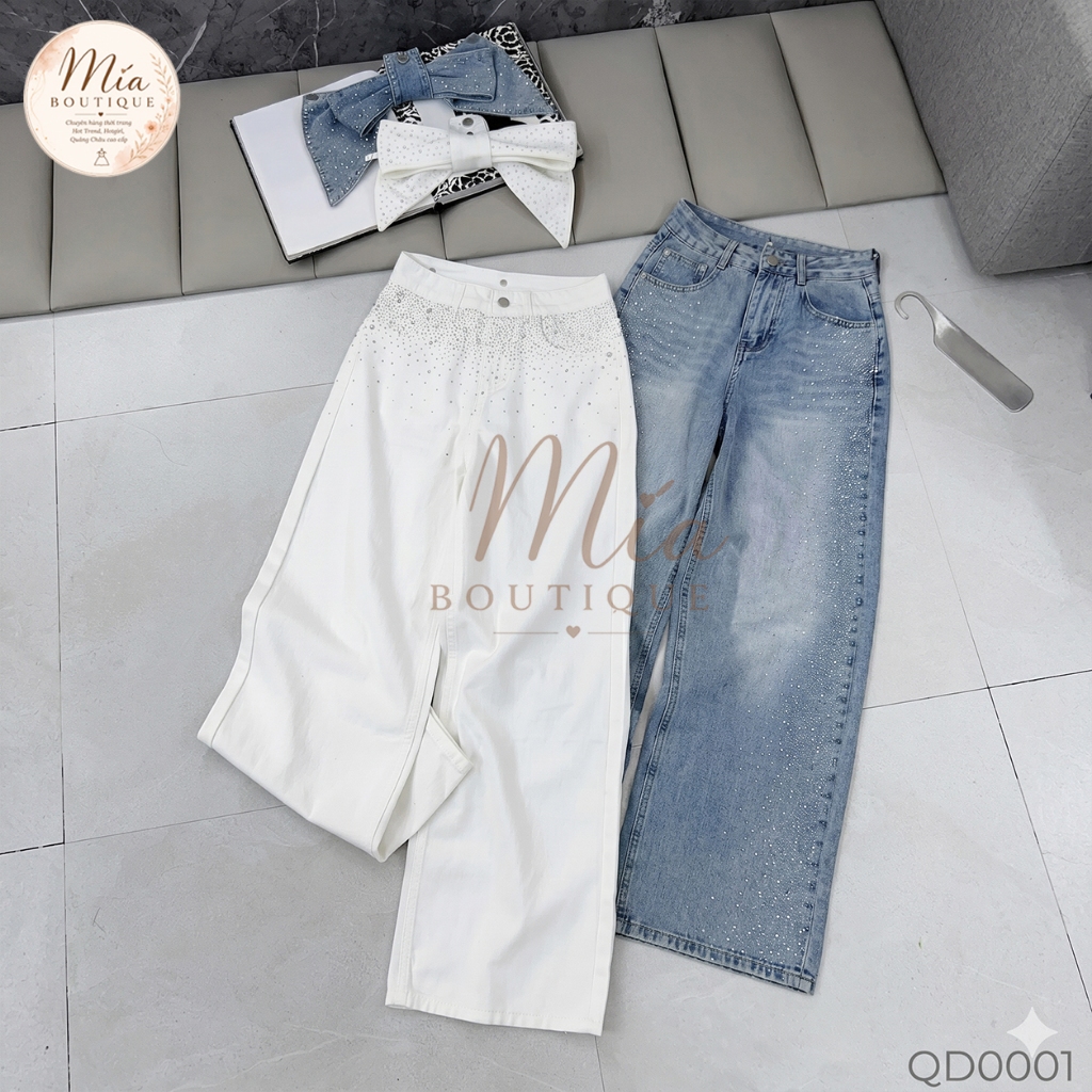 Quần dài jean denim bò dáng suông đính đá sườn kèm nơ có thể tháo rời Mía QCCC QCL1 QD0001 #90591