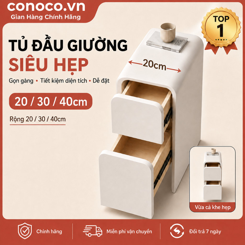 Tủ đầu giường bọc da CONOCO siêu hẹp nguyên chiếc chống nước cho phòng nhỏ