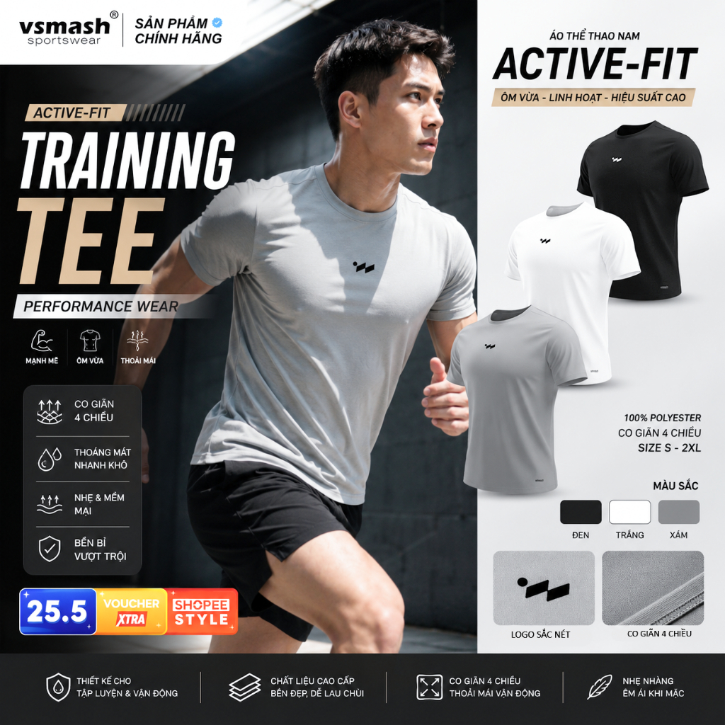 Áo Thể Thao Gym Nam Vsmash Sportswear Form ACTIVE-FIT Ôm vừa, Chất Liệu Mát, Co Giãn 4 Chiều Thấm Hút Mồ Hôi, Mềm Mát
