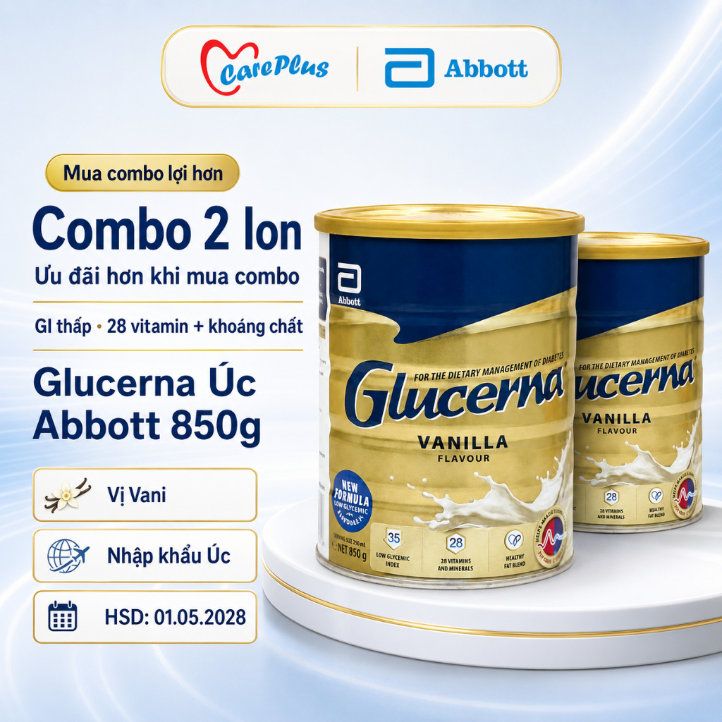 【Combo 2 Lon】 Sữa Bột Glucerna Úc Abbott 850g Vị Vani GI Thấp Dành Cho Người Tiểu Đường HSD 2028