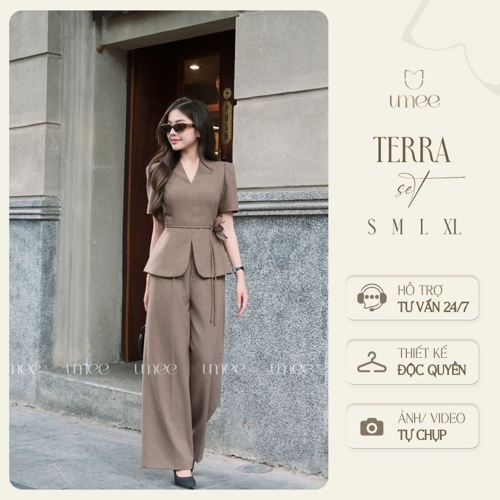 Umee Design - Set Công Sở Thiết Kế Áo Peplum Cổ V Phối Quần Xuông Tặng Kèm Đai Và Hoa Cài "Terra Set"