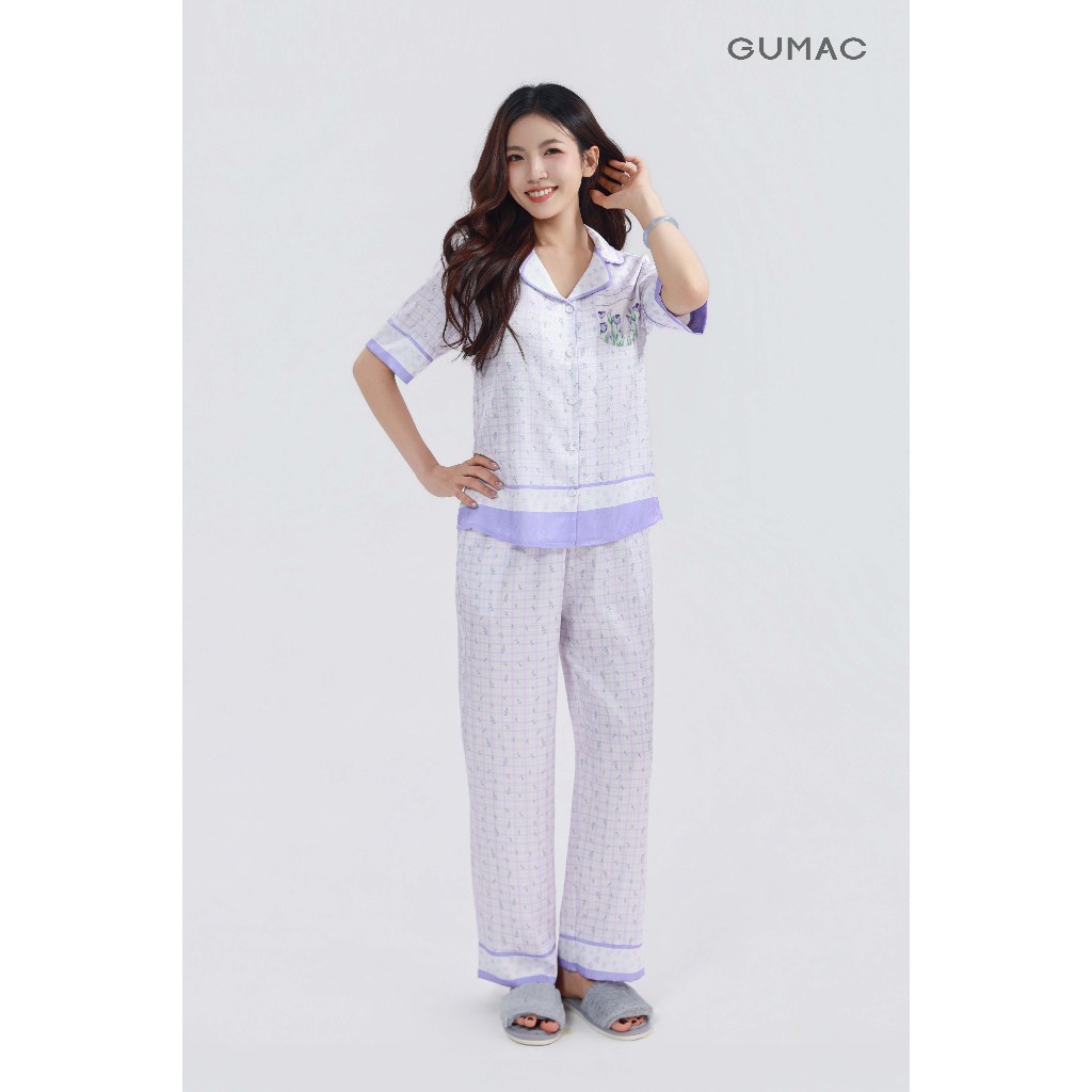 Đồ Ngủ Pijama Nữ GUMAC Tay Ngắn Quần Dài In Họa Tiết Chất Lụa Vân Gỗ Mềm Mát Thoải Mái