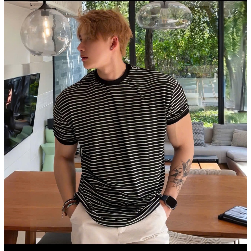 Áo thun Stee Cổ tròn Sọc ngang body thun siêu co giãn 8D ICVCVNI Unisex