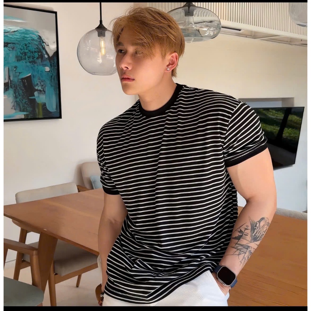 Áo thun Stee Cổ tròn Sọc ngang body thun siêu co giãn 8D ICVCVNI Unisex