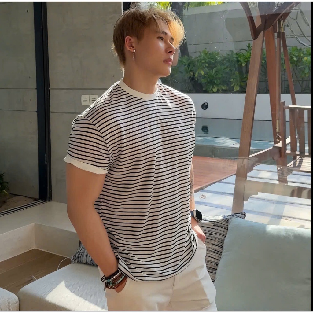 Áo thun Stee Cổ tròn Sọc ngang body thun siêu co giãn 8D ICVCVNI Unisex