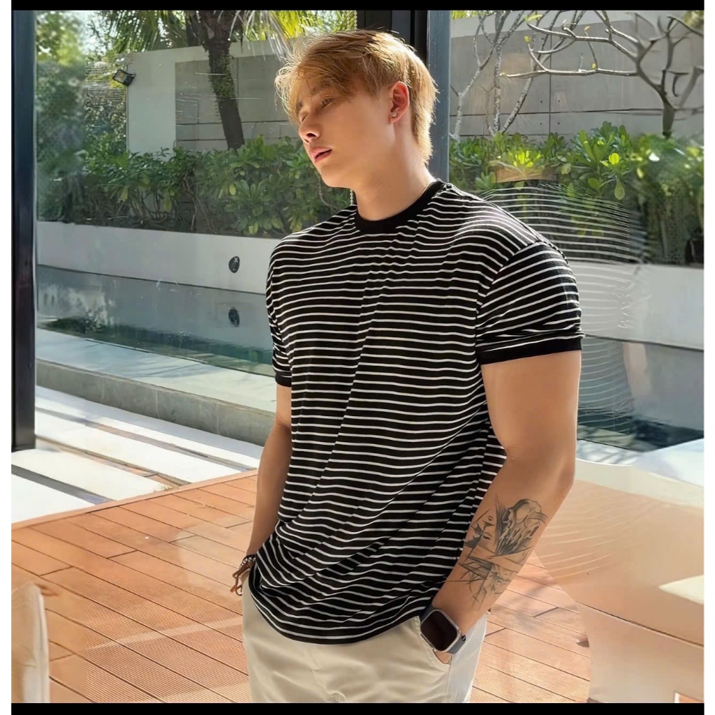 Áo thun Stee Cổ tròn Sọc ngang body thun siêu co giãn 8D ICVCVNI Unisex