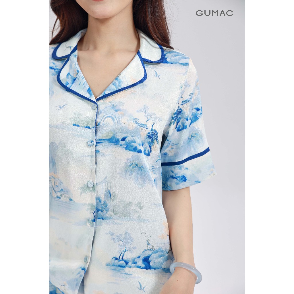 Đồ Ngủ Pijama Nữ GUMAC Tay Ngắn Quần Dài In Họa Tiết Chất Lụa Vân Gỗ Mềm Mát Thoải Mái