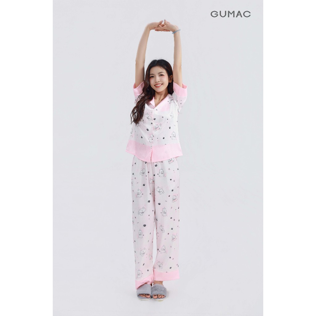 Đồ Ngủ Pijama Nữ GUMAC Tay Ngắn Quần Dài In Họa Tiết Chất Lụa Vân Gỗ Mềm Mát Thoải Mái