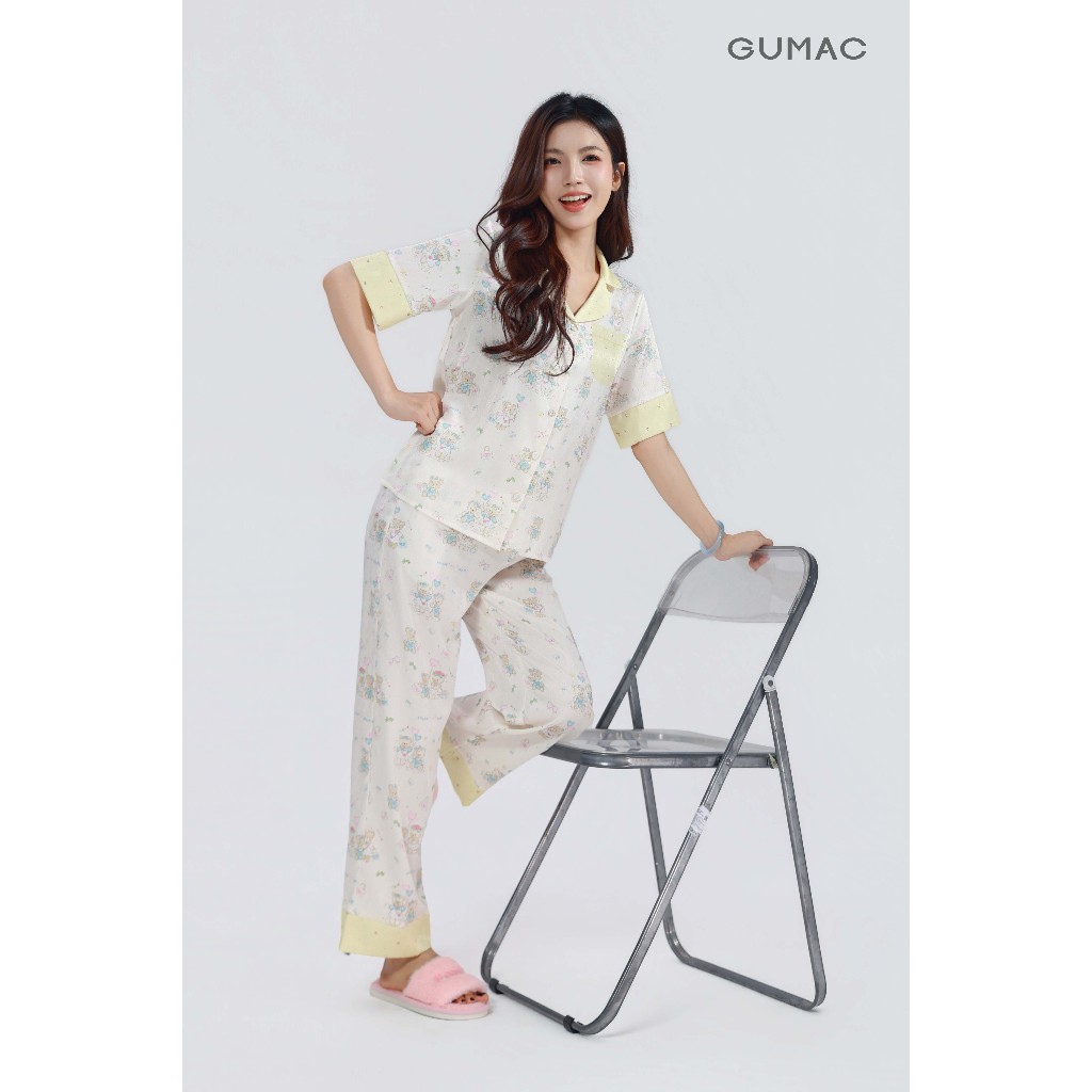 Đồ Ngủ Pijama Nữ GUMAC Tay Ngắn Quần Dài In Họa Tiết Chất Lụa Vân Gỗ Mềm Mát Thoải Mái