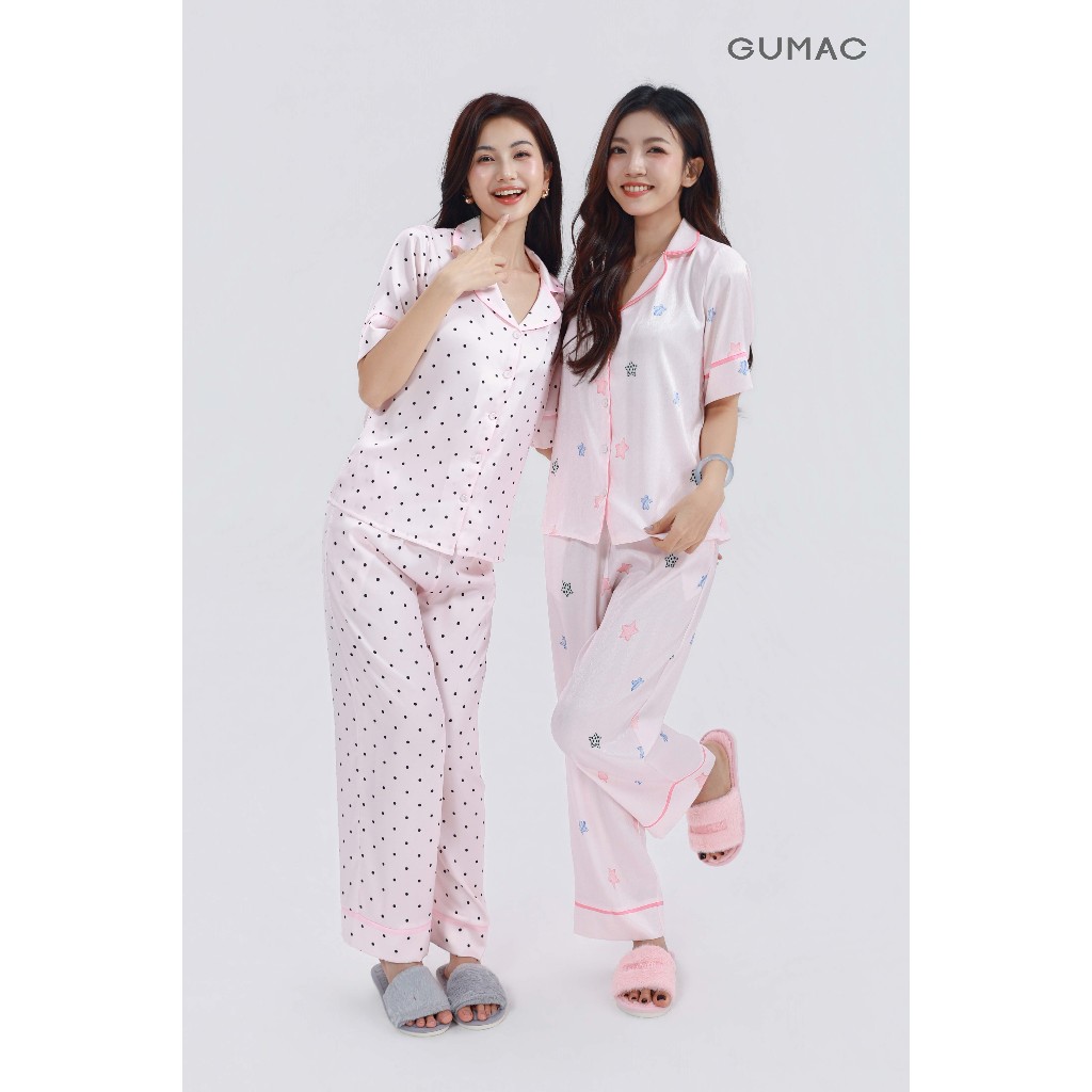 Đồ Ngủ Pijama Nữ GUMAC Tay Ngắn Quần Dài In Họa Tiết Chất Lụa Vân Gỗ Mềm Mát Thoải Mái