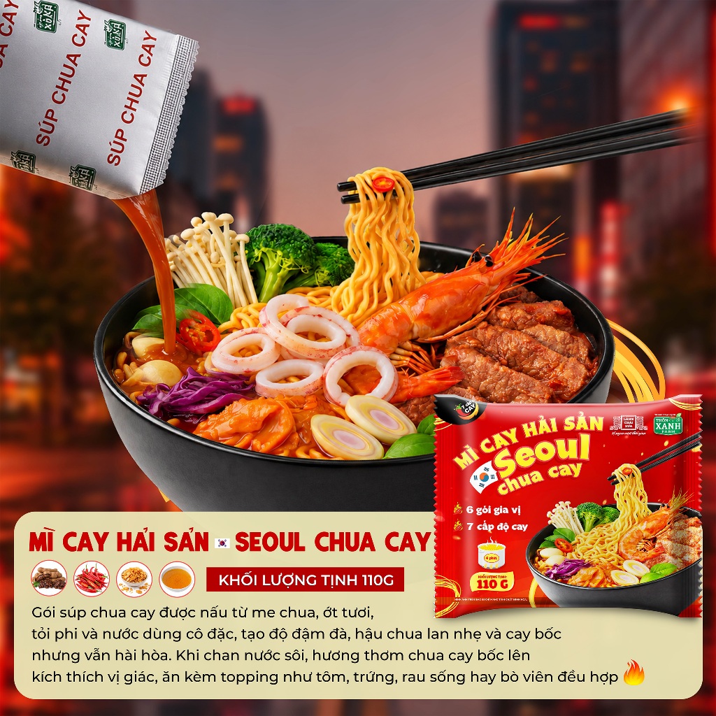 Hộp 5 Tặng 1 - Mì Cay Seoul 7 Cấp Độ 6 Gói Gia Vị Hải Sản Chua Cay Trang Trại Sạch Thôn Xanh Farm