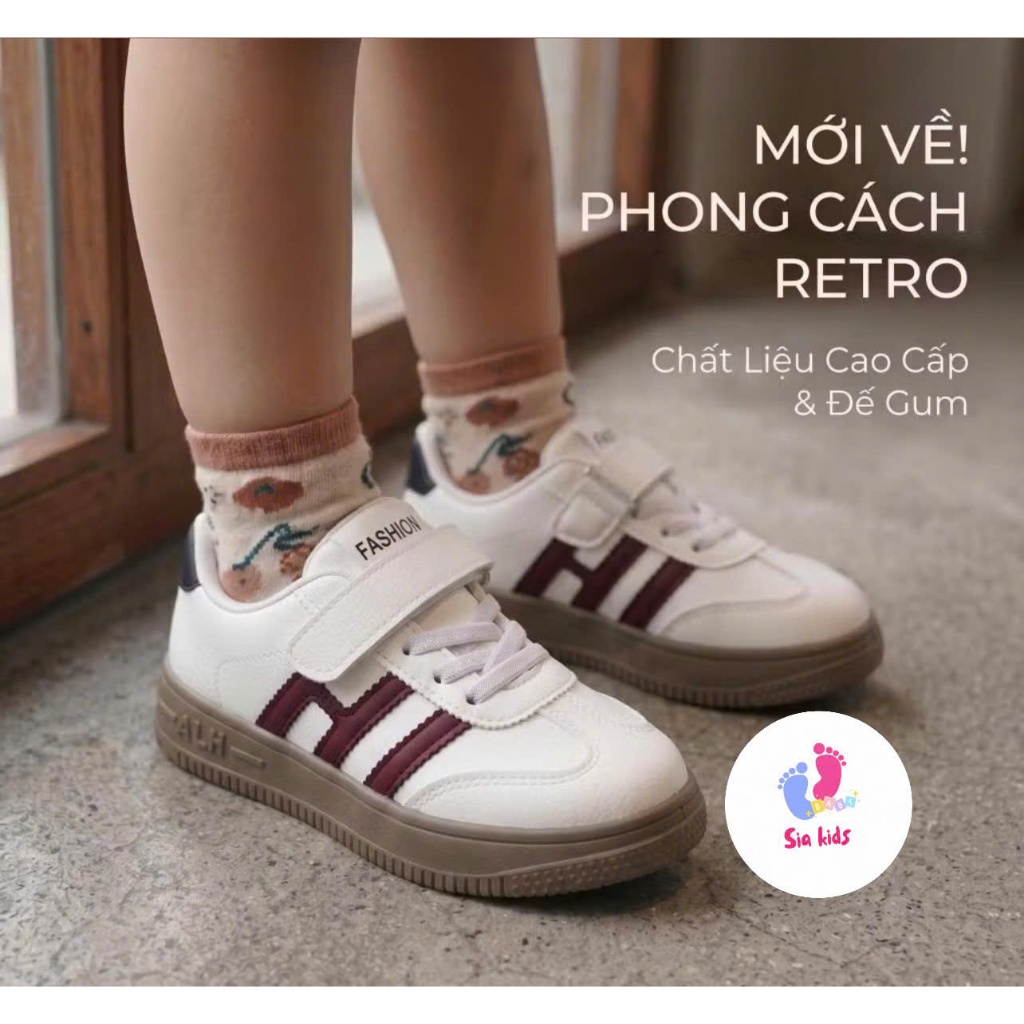 (106) Giày thể thao cho bé trai bé gái chất liệu da PU, kẻ đen đỏ êm mềm nhẹ đế chống trượt mẫu mới