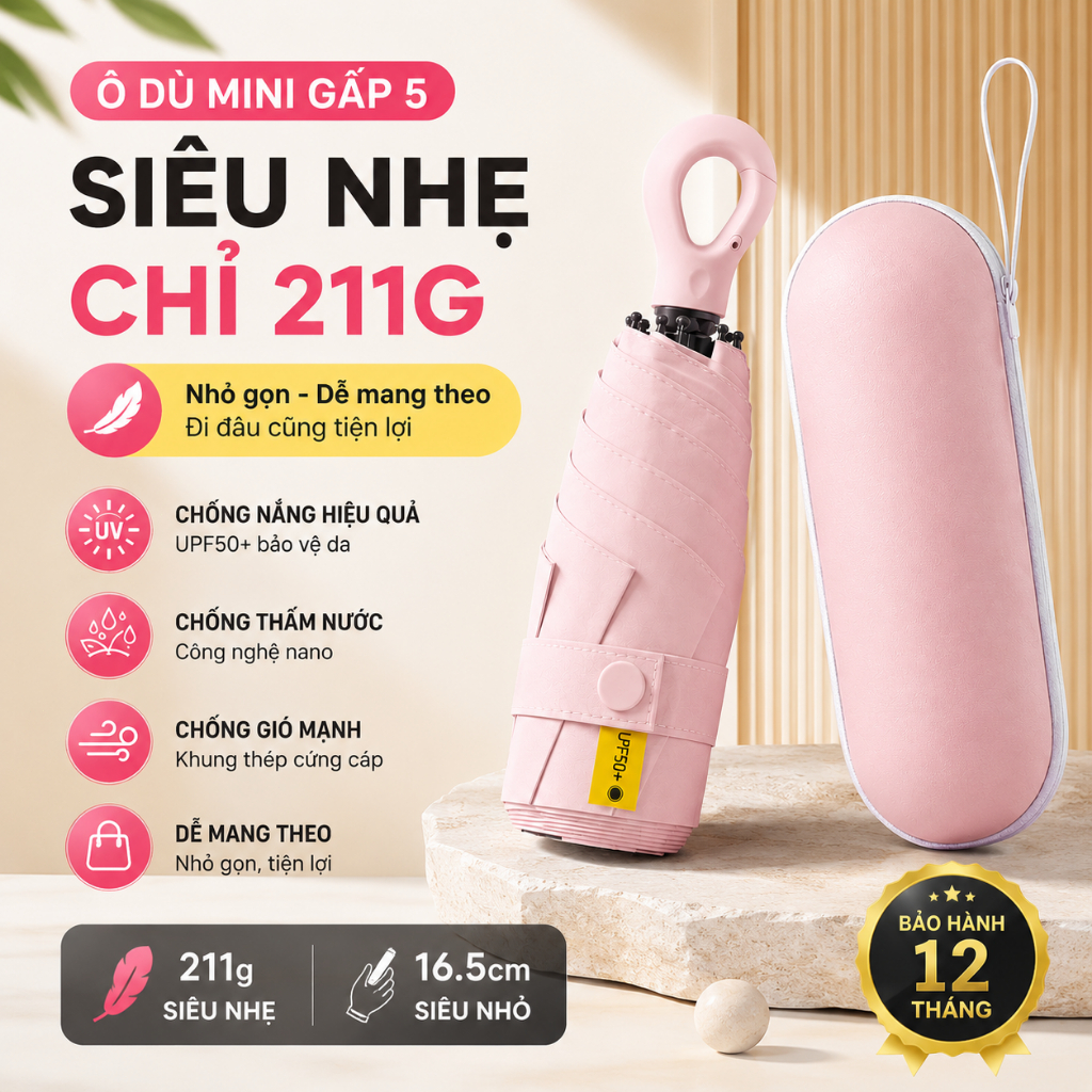 Ô Che Mưa Gấp Gọn Ô Câu Cá Dù Che Nắng Siêu Nhỏ 5 Lần Tay Cầm Treo Chống UV UPF50+ Bán Buôn