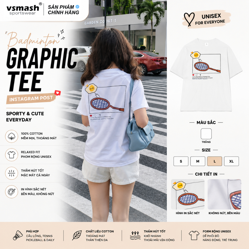 Áo Thun Cầu Lông Unisex Vsmash Sportwear "INSTAGRAM POST" – Vải Bông Em Bé Mềm Mịn Cao Cấp, Thoáng Mát,Thấm hút tốt