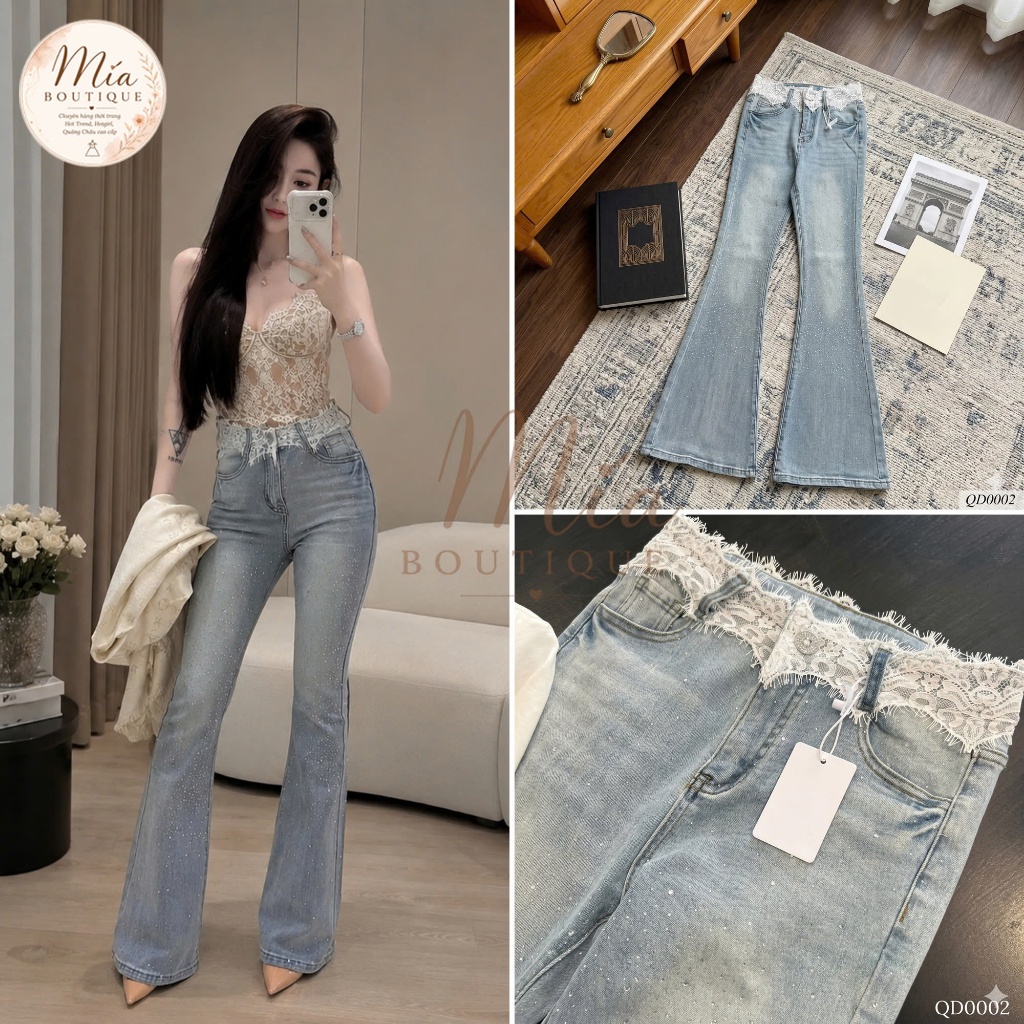 Quần dài jean denim bò loe đá cạp phối ren Mía QCCC QCL1 QD0002 #5506