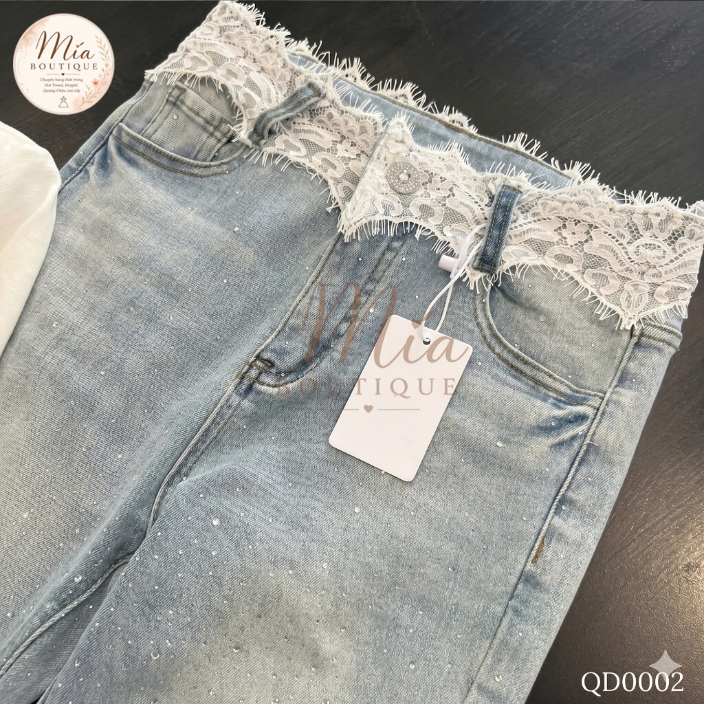Quần dài jean denim bò loe đá cạp phối ren Mía QCCC QCL1 QD0002 #5506