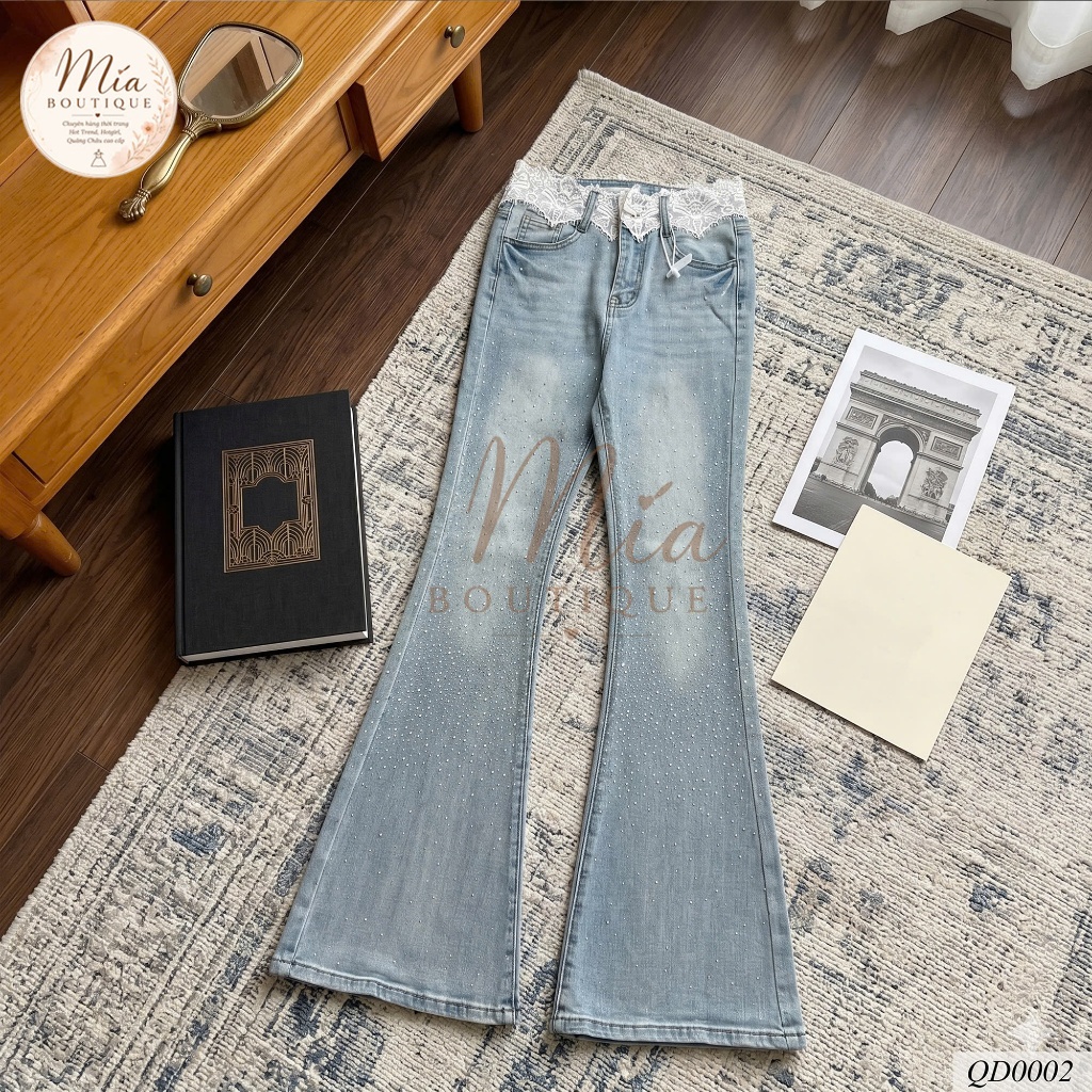 Quần dài jean denim bò loe đá cạp phối ren Mía QCCC QCL1 QD0002 #5506