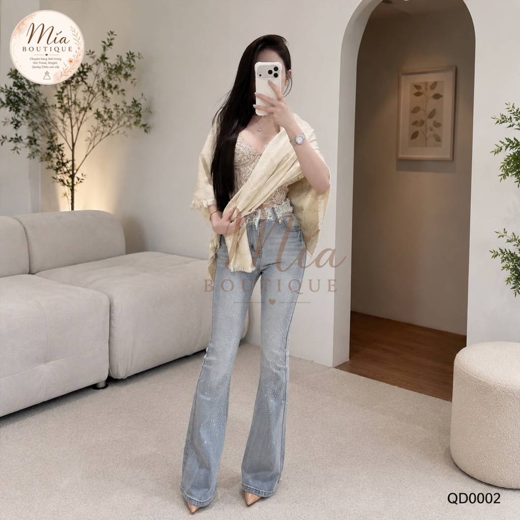 Quần dài jean denim bò loe đá cạp phối ren Mía QCCC QCL1 QD0002 #5506