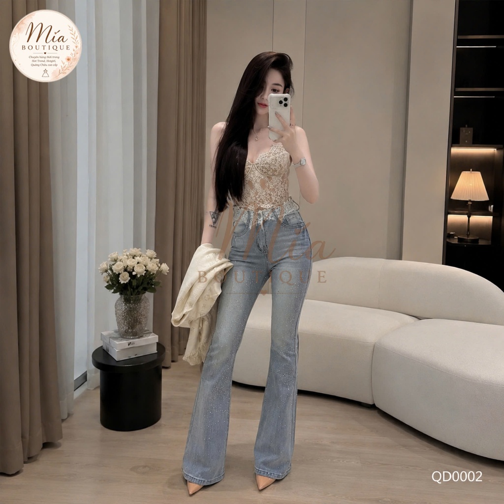 Quần dài jean denim bò loe đá cạp phối ren Mía QCCC QCL1 QD0002 #5506