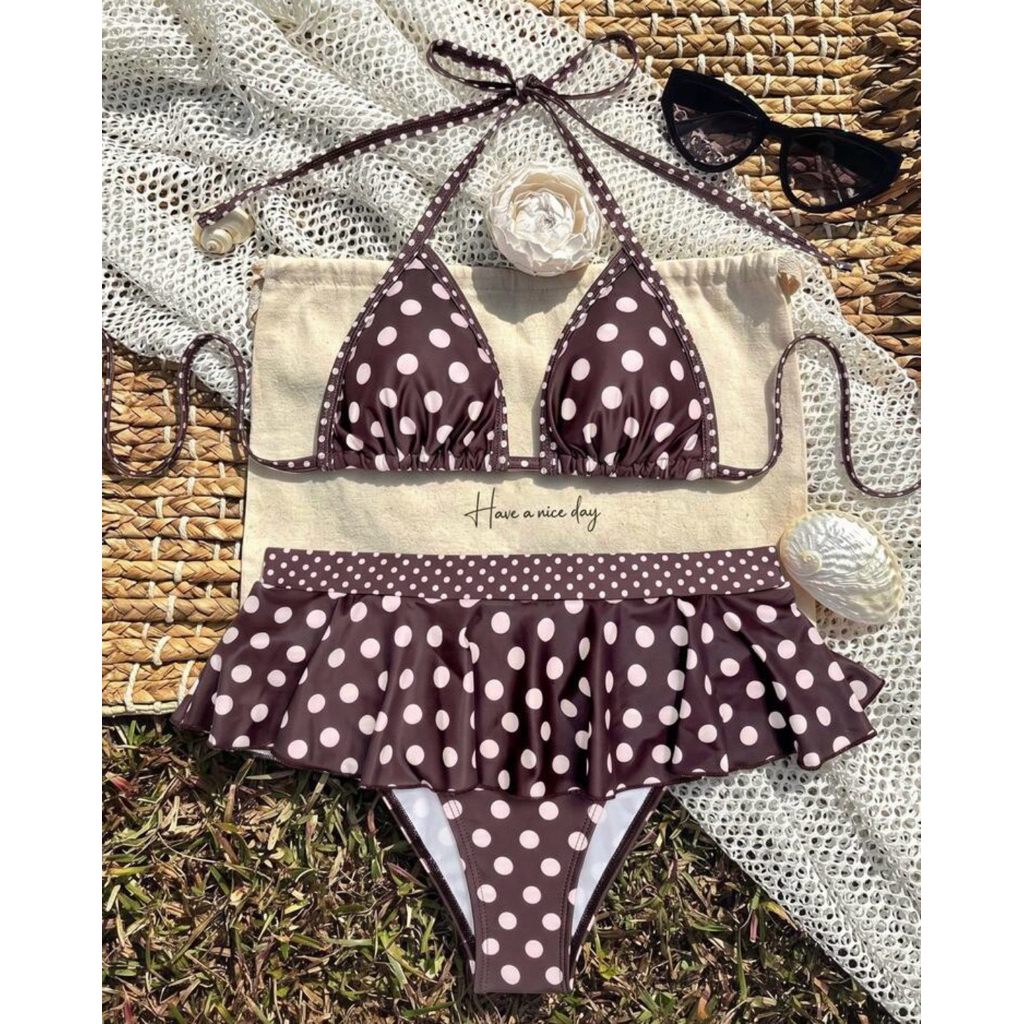 [ORDER 8-9 NGÀY] Set Bikini 2 Mảnh Chấm Bi Nâu Choco Mùa Hè