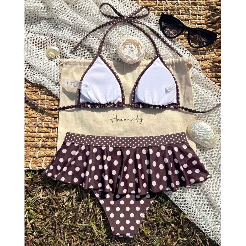 [ORDER 8-9 NGÀY] Set Bikini 2 Mảnh Chấm Bi Nâu Choco Mùa Hè