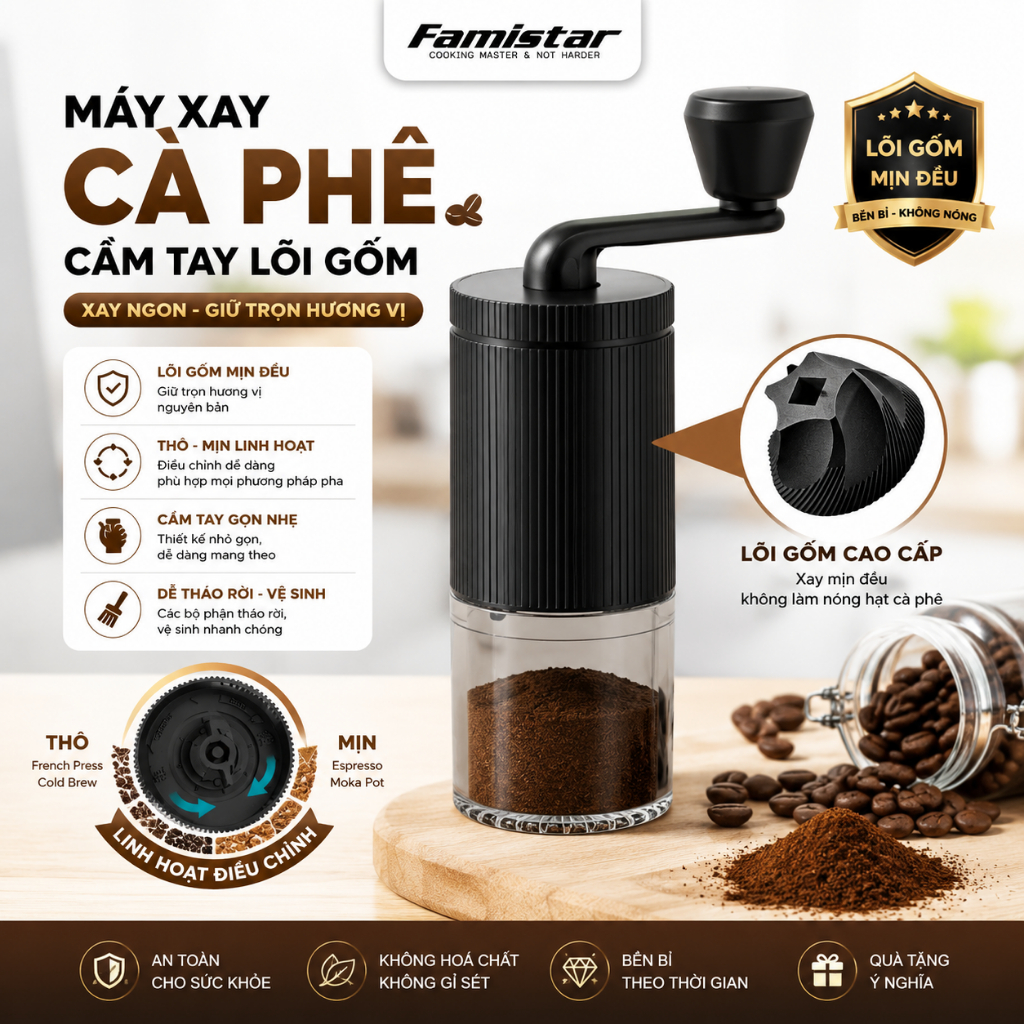 Máy Xay Cà Phê Cầm Tay Lõi GốmFamistar, Xay Cafe Hạt Giữ Trọn Hương, Cối XaY Cà Phê Nhỏ Gọn Tiện Lợi