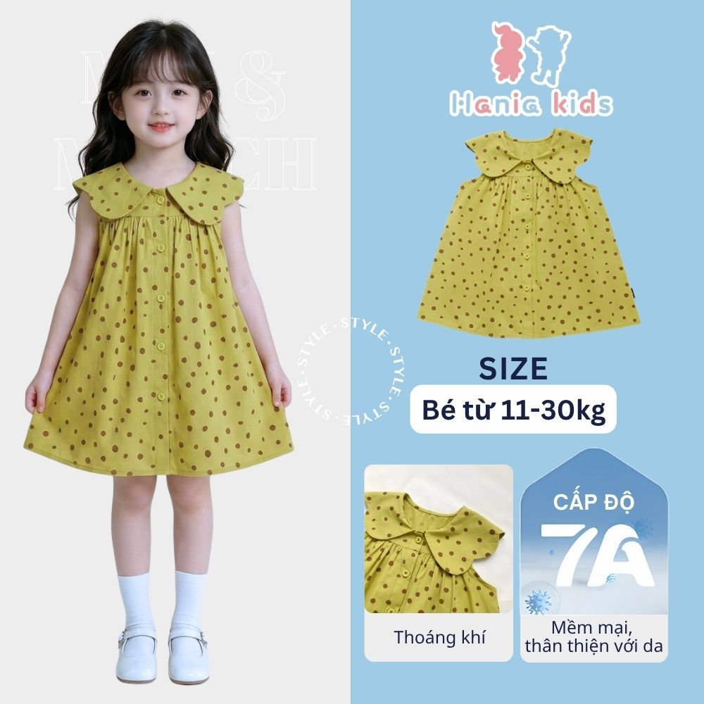 Váy Cho Bé Gái, Váy Bé Gái Chấm Bi Thiết Kế Tiểu Thư Cổ Bèo Chất Liệu Cotton Mềm Mại