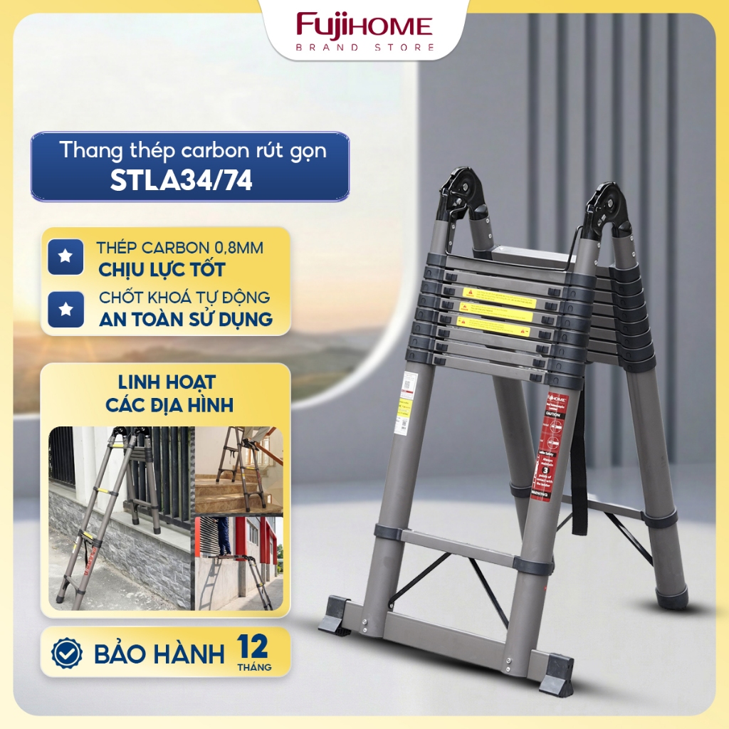 Thang rút chữ A Nhập Khẩu 3,4M - 7.4M gấp gọn chính hãng FUJIHOME, thang rút đôi Carbon chống trượt khoá chốt an toàn