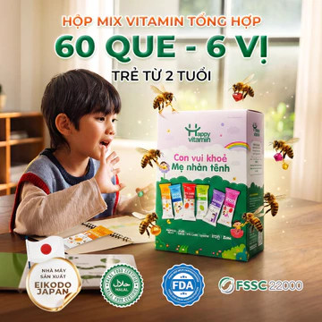 Kẹo Mút Vitamin Tổng Hợp - Happy Vitamin- Sắt 20mg +Kẽm 30mg (Nhập Mỹ) + Canxi + Lysine (Nhập Hàn) +Keo Ong +Bổ Mắt Lute