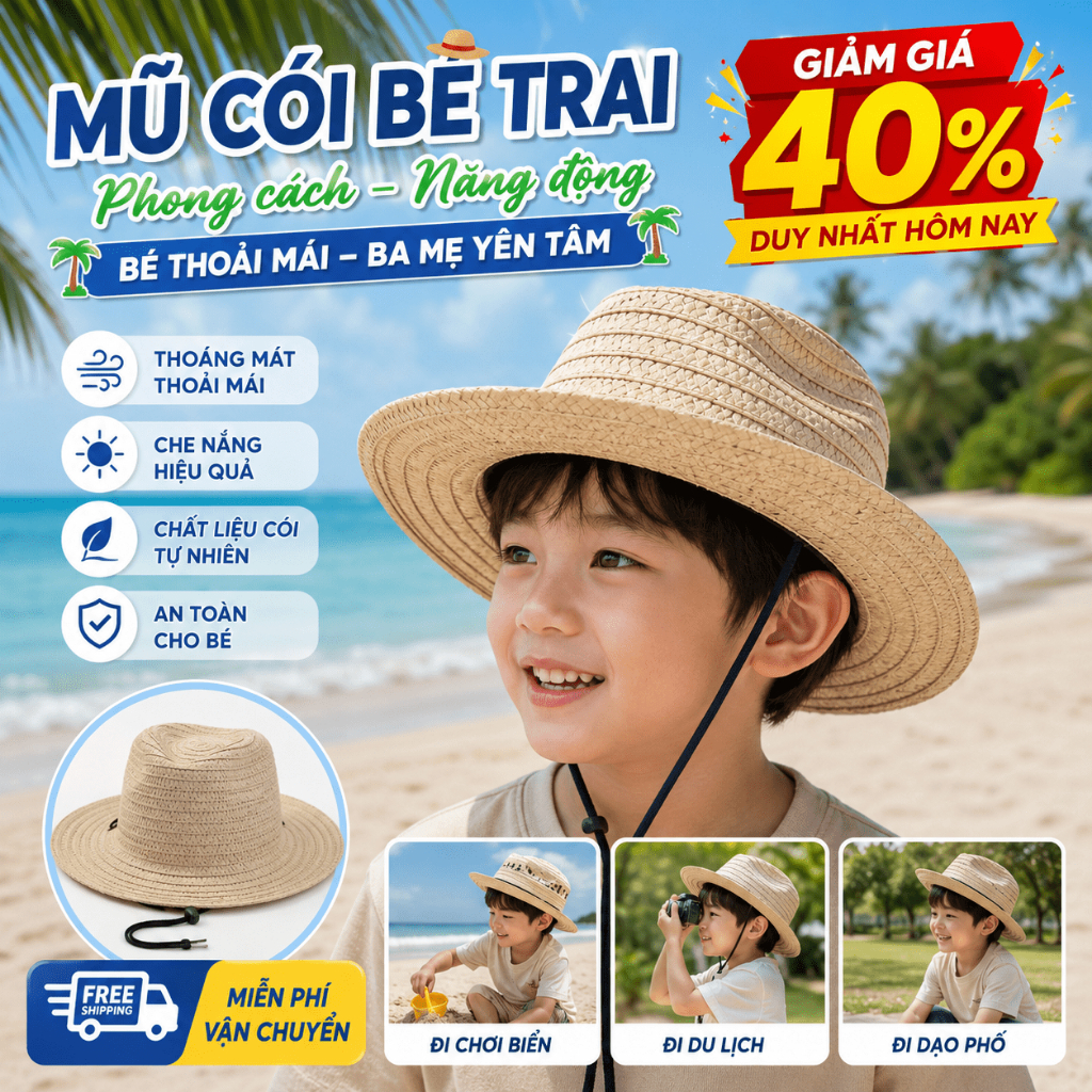 Mũ Nón Lưỡi Trai Chống Nắng Trẻ Em 5-12 Tuổi Rơm UV Dây Buộc Đi Biển Du Lịch Dễ Phối Đồ