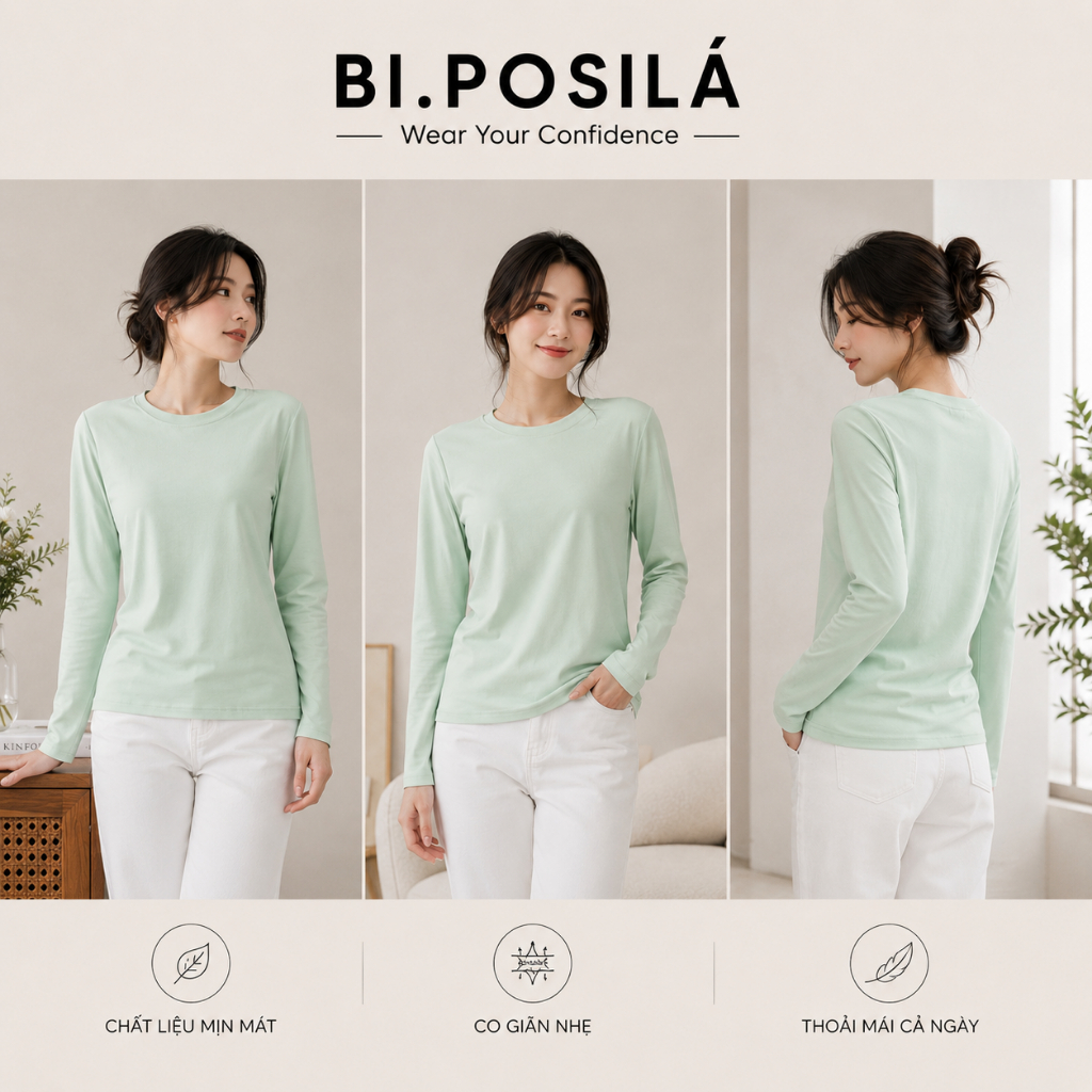 [A15] BI.POSILÁ - ÁO THUN ÔM VỪA BASIC CỔ TRÒN DÀI TAY VẢI COTTON BORIP MỀM MỊN THOẢI MÁI - Áo Thun Ôm body nữ