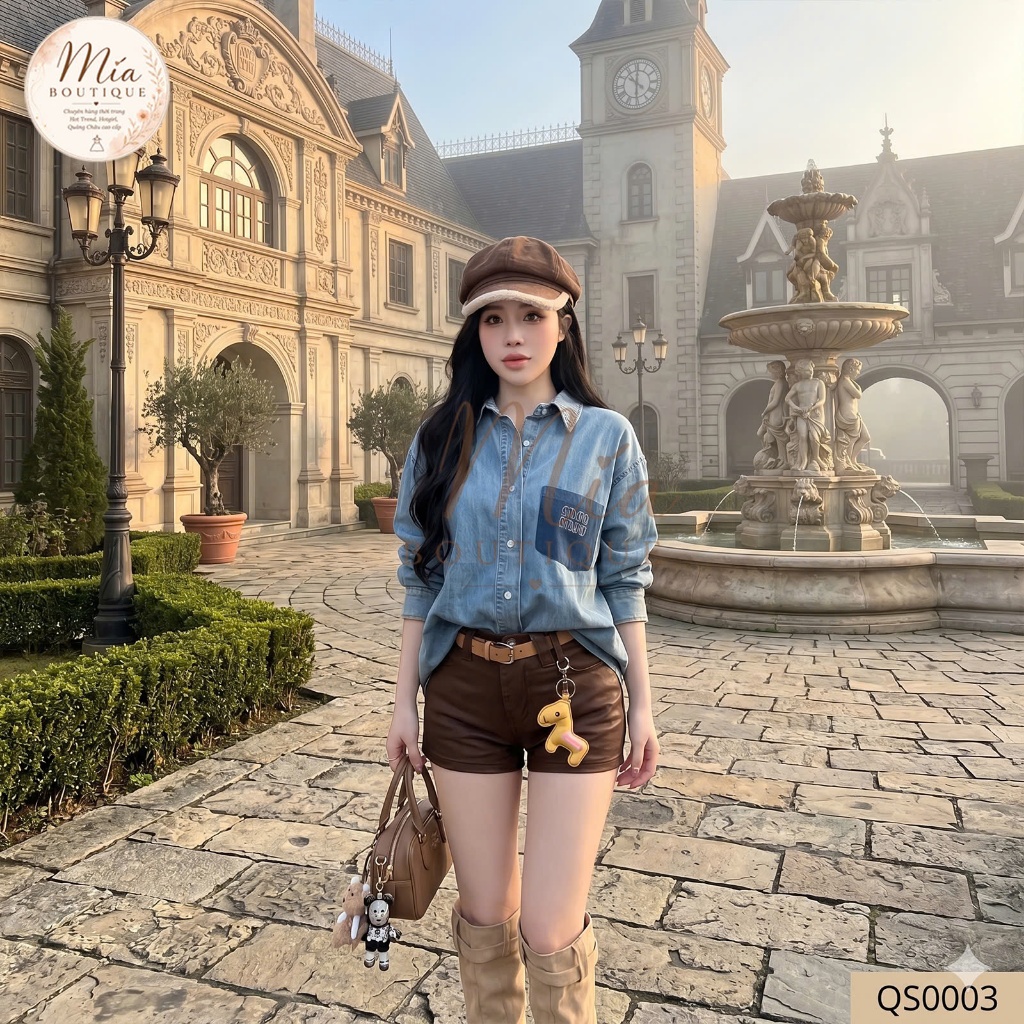 Quần short sooc ngắn jean denim bò cạp cao kèm đai vàng charm ngựa Mía QCCC QCL1 QS0003 #3705