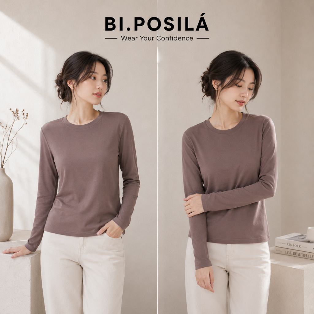 [A15] BI.POSILÁ - ÁO THUN ÔM VỪA BASIC CỔ TRÒN DÀI TAY VẢI COTTON BORIP MỀM MỊN THOẢI MÁI - Áo Thun Ôm body nữ