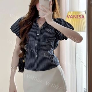 Áo sơ mi nữ ngắn tay phồng chất voan mềm xanh đậm xanh nhạt trắng phong cách ulzzang VANISA SMS400