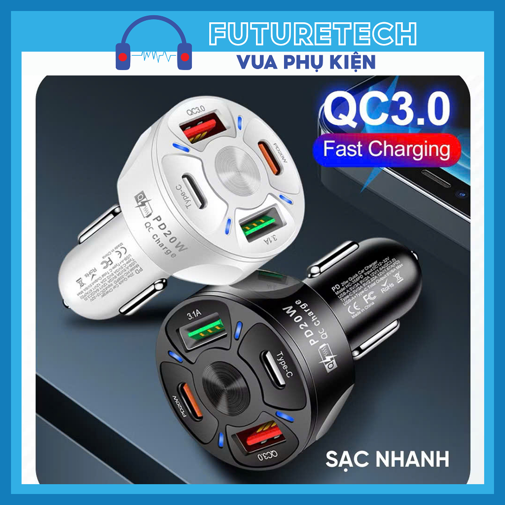 Tẩu Sạc Nhanh Ô Tô Chính Hãng PD 20W QC3.0 Sạc Siêu Tốc 3.1A ,Tẩu Chia 4 Cổng 2 Ty-C + 2 USB, Bảo Hành 6 Tháng