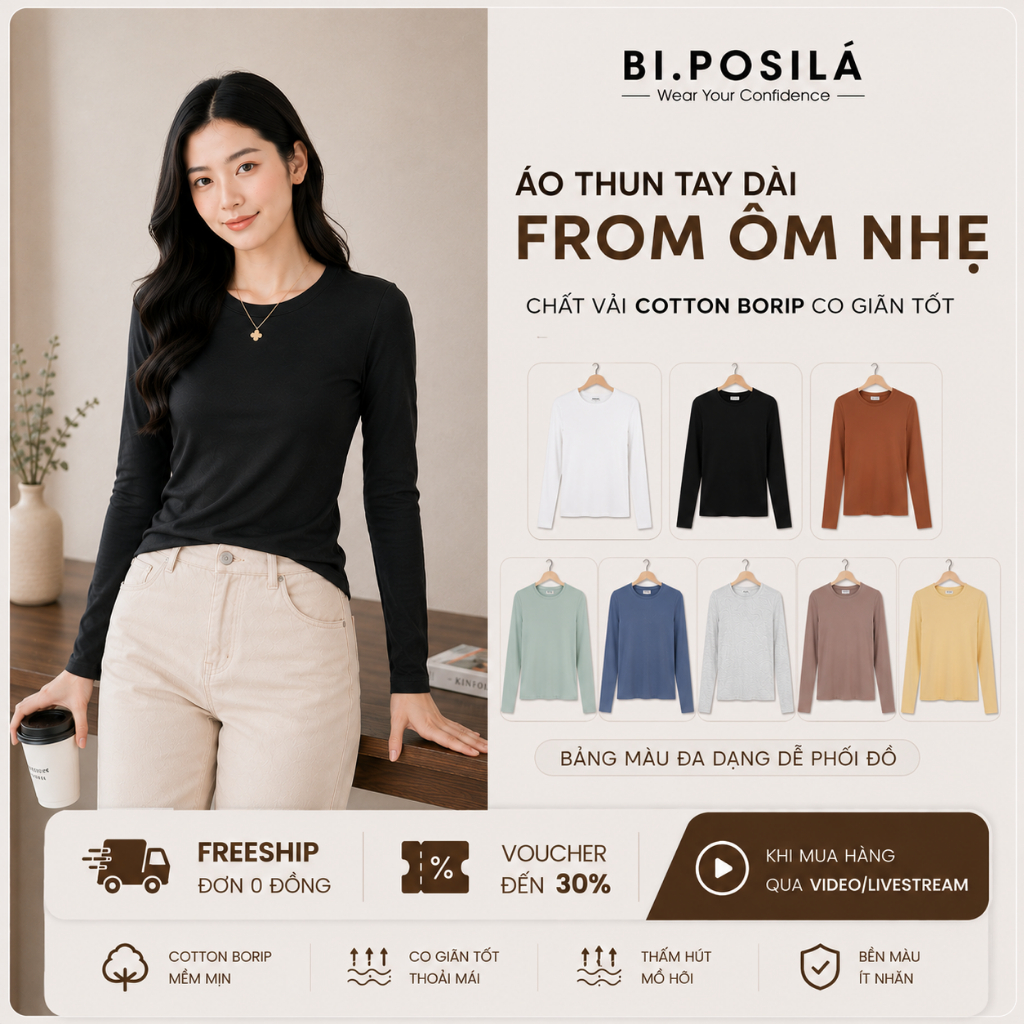 [A15] BI.POSILÁ - ÁO THUN ÔM VỪA BASIC CỔ TRÒN DÀI TAY VẢI COTTON BORIP MỀM MỊN THOẢI MÁI - Áo Thun Ôm body nữ