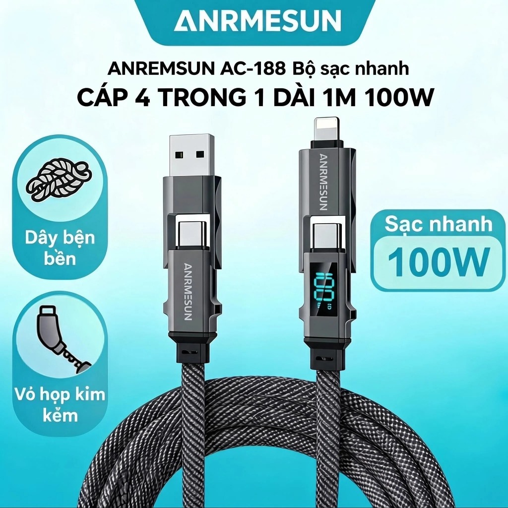 Cáp Sạc Nhanh ANRMESUN 100W 4 Trong 1 USB-A Type-C Hợp Kim Nhôm Cho iPhone Samsung Xiaomi OPPO Android