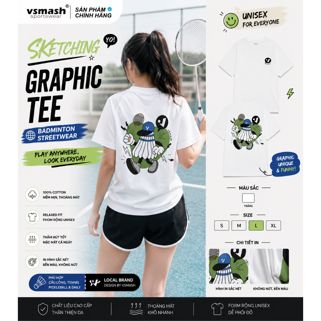 Áo Thun Cầu Lông Unisex Vsmash Sportwear – In lụa "SKETCHING" – Vải Bông Em Bé Mềm Mịn Cao Cấp, Thoáng Mát,Thấm hút tốt