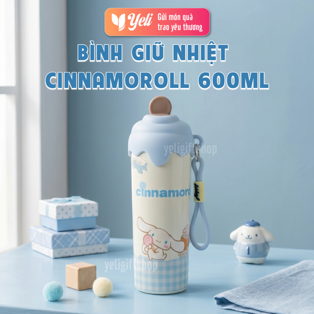 Bình Giữ Nhiệt ống hút 600ml in hình Cinnamoroll tone xanh mát, dễ Thương, bình nước nóng lạnh inox