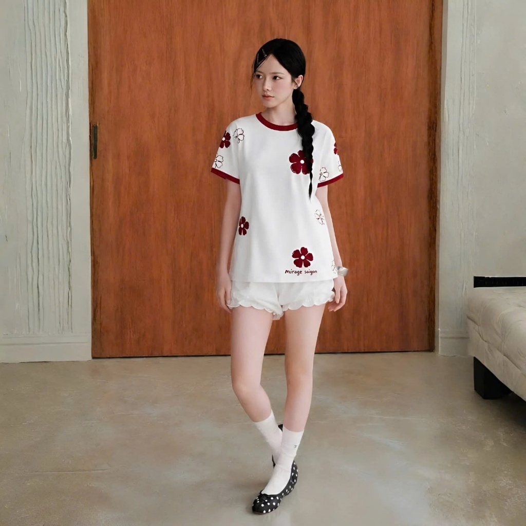 Áo Thun Trắng Hoa Đỏ Dễ Thương, Chất Cotton Mềm Mịn, Có Kèm Hình Thật.