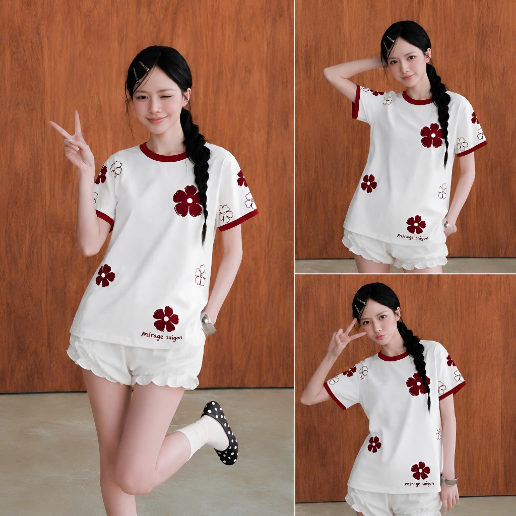 Áo Thun Trắng Hoa Đỏ Dễ Thương, Chất Cotton Mềm Mịn, Có Kèm Hình Thật.