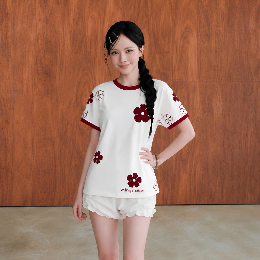 Áo Thun Trắng Hoa Đỏ Dễ Thương, Chất Cotton Mềm Mịn, Có Kèm Hình Thật.