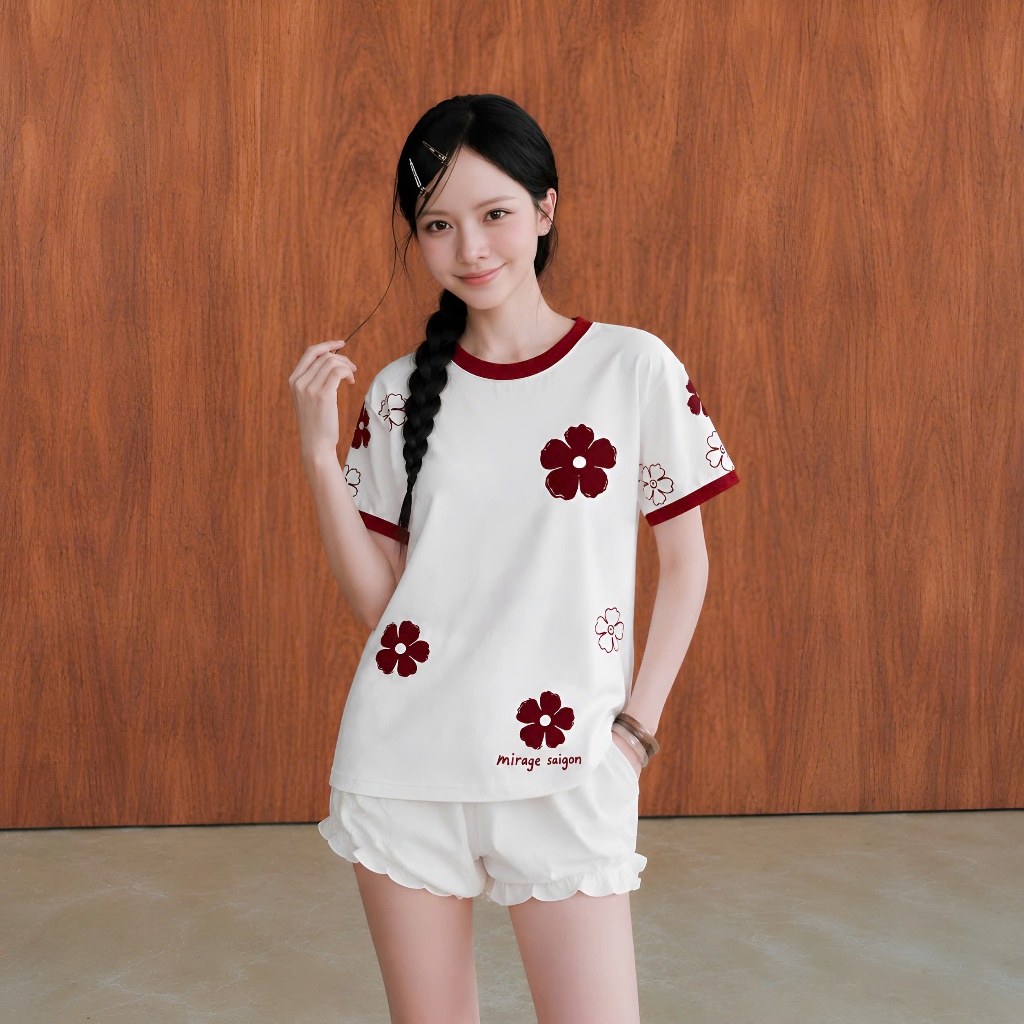 Áo Thun Trắng Hoa Đỏ Dễ Thương, Chất Cotton Mềm Mịn, Có Kèm Hình Thật.